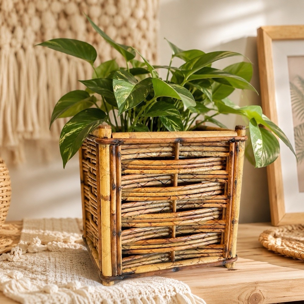 Vintage Bamboo Rattan Planter 9" Boho Tiki Woven Plant Holder 70s